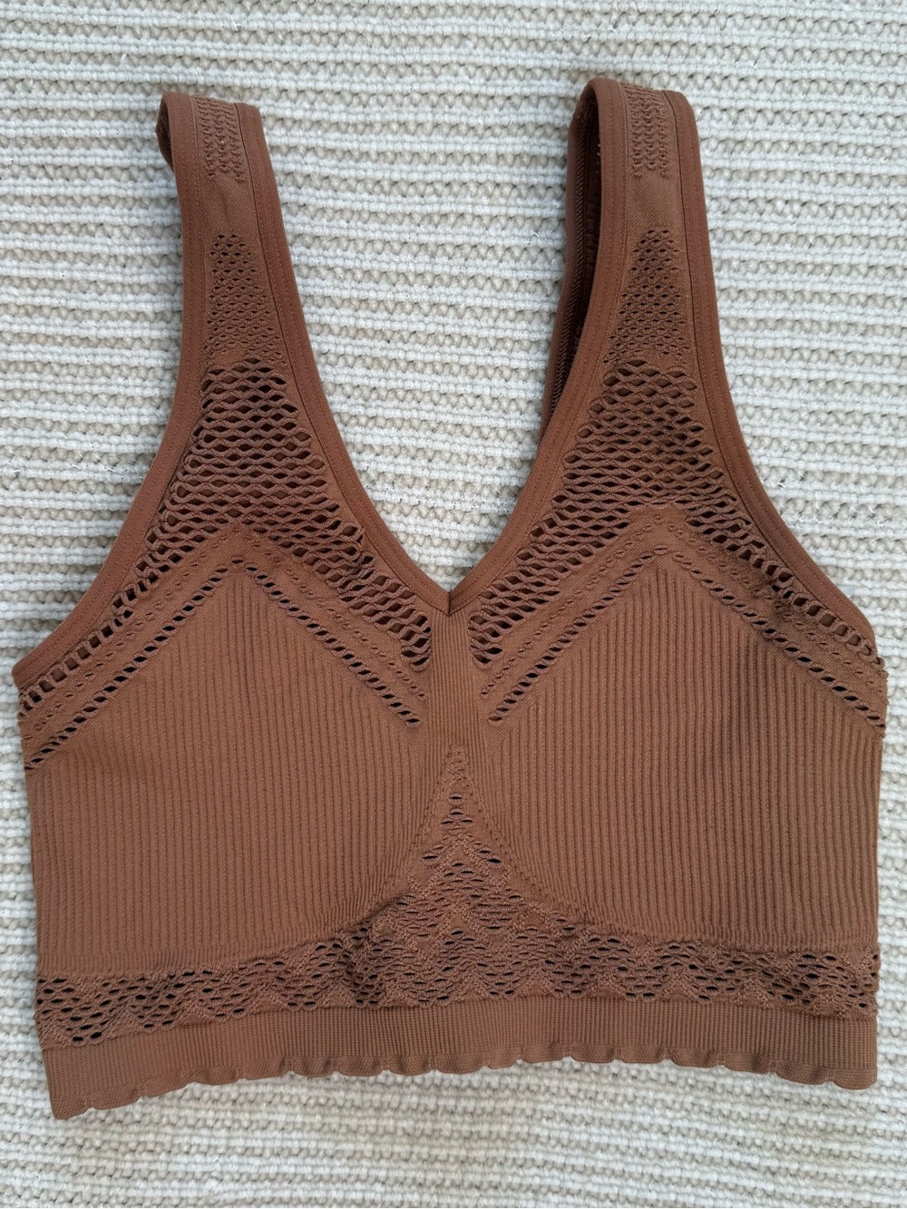 Aerie Superchill Seamless Bra Top Brown Ribbed Chevron Mesh Bralette Cropped XS